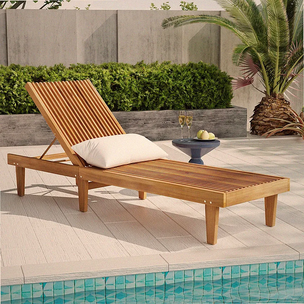 Chic Wooden Chaise Lounge - Adjustable, Slatted Design, Outdoor, for Pool