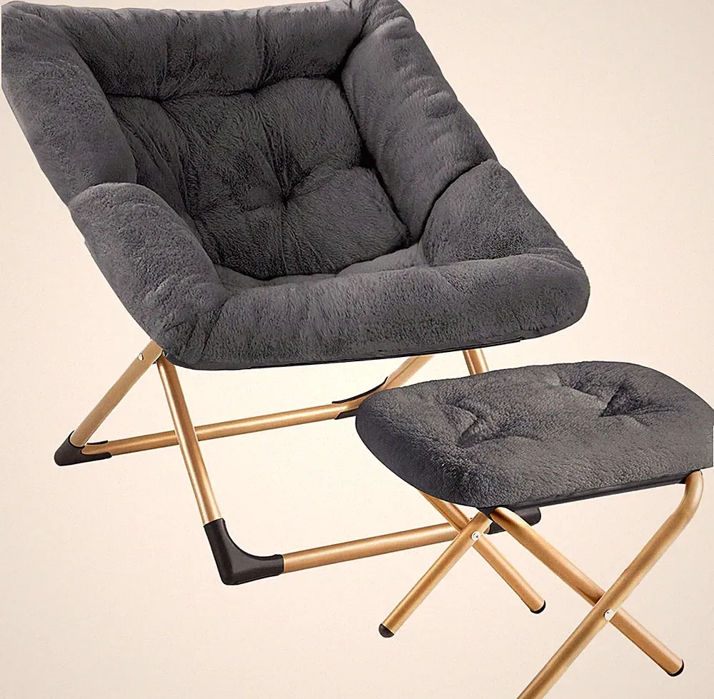Comfy Oversized Saucer Chair with Ottoman,Soft Faux Fur Reading Lounge Chair for