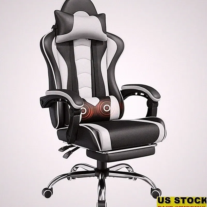 Ergonomic Gaming Chair Adjustable Recline Massage Pillow Footrest Comfort New