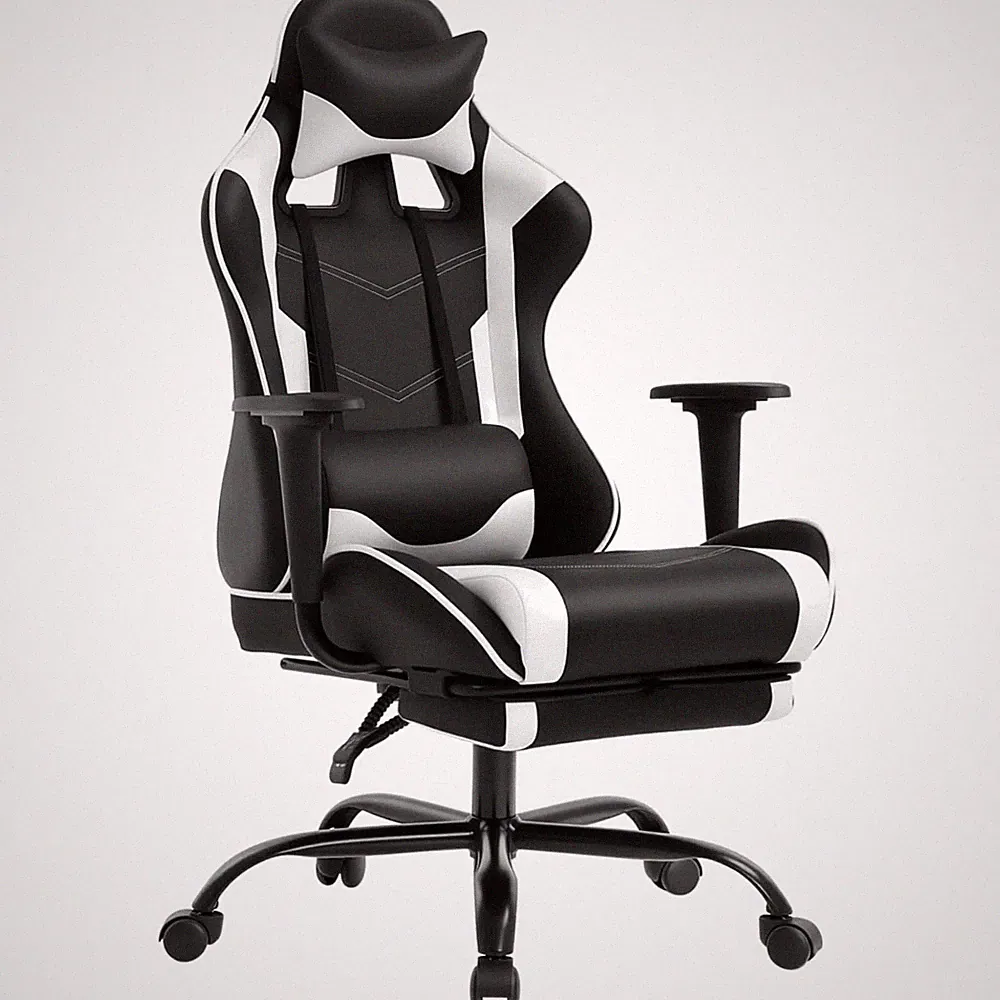 Gaming Chair Faux Leather White 27.8in Reclining Lumbar Headrest Office