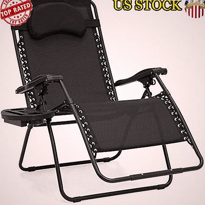 Oversized Zero Gravity Chair Folding Patio Recliner w/Cup Holders Tray Pillow US